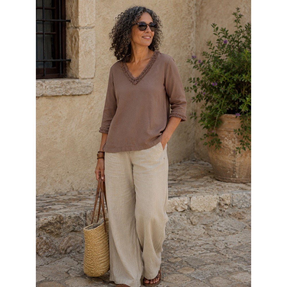 Chicos Linen Top Size M Brown Fringe 3/4 Sleeve V Neck Pullover Relaxed Coastal